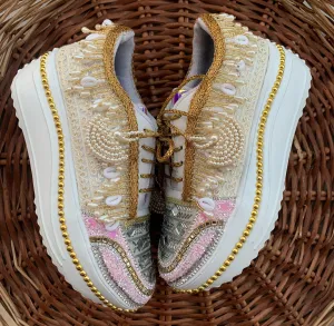 FUNKY N TRENDY baby pink and gold sneakers for brides / silver sneakers for bridesmaids/ pink sneakers / baby pink sneakers / bridal sneakers / bridesmaid sneakers/ golden hand work sneakers / ivory sneakers