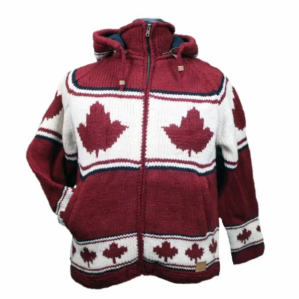 100% Wool Jacket with Zip-Off Hood/Maple Leaf, For Men and Women. fleece lining, Handmade in Nepal.