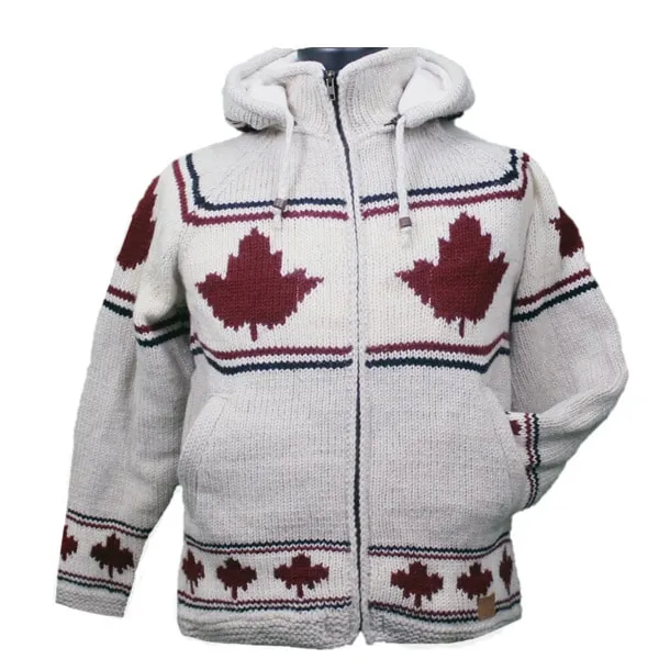 100% Wool Jacket with Zip-Off Hood/Maple Leaf, For Men and Women. fleece lining, Handmade in Nepal.