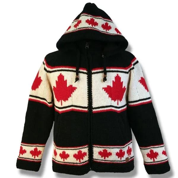 100% Wool Jacket with Zip-Off Hood/Maple Leaf, For Men and Women. fleece lining, Handmade in Nepal.