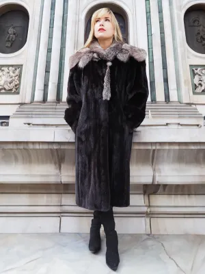 American Legened Black Mink Coat With Indigo Fox Cape Collar M/L