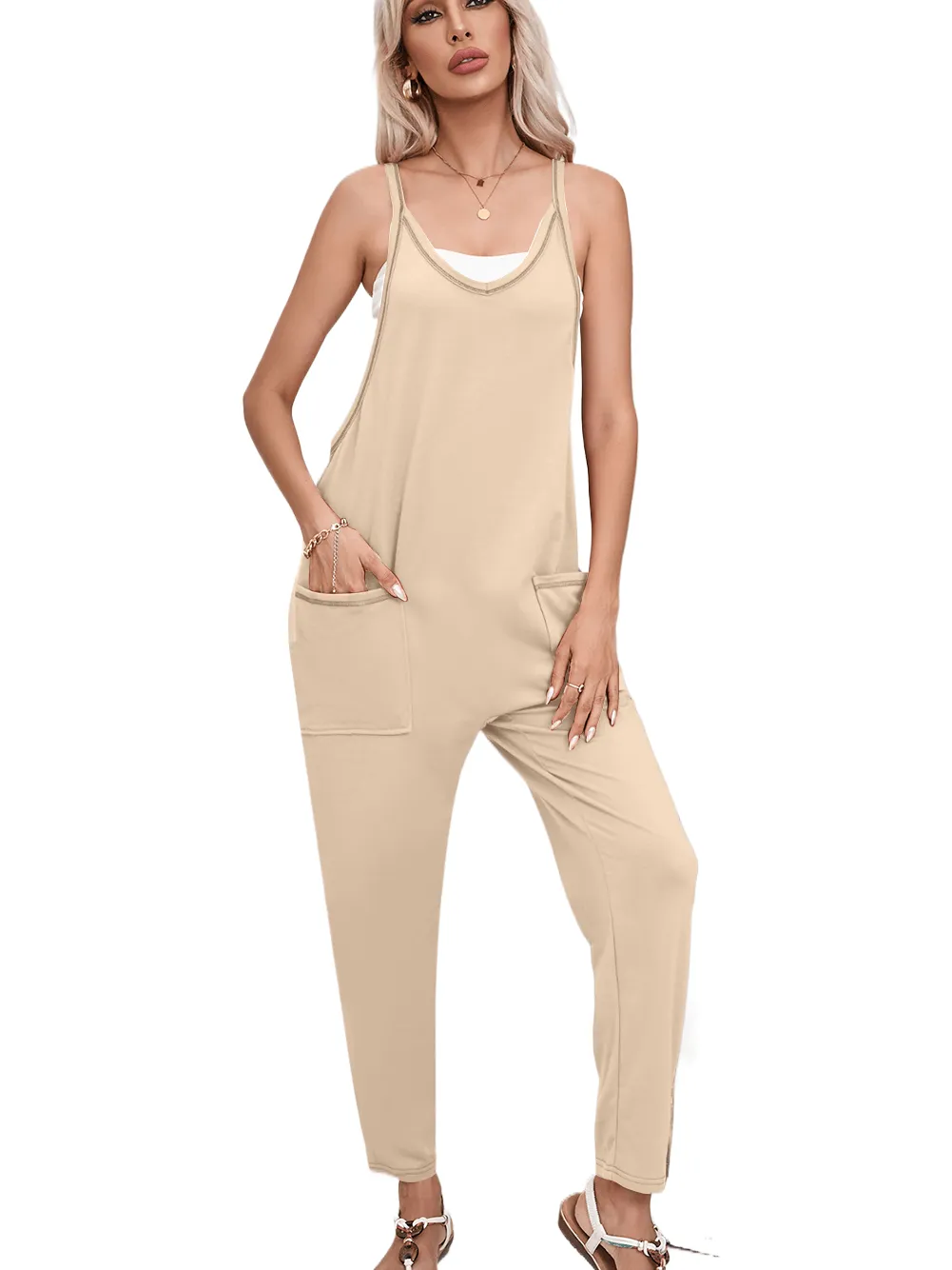 Apricot Casual Sleeveless Harem Jumpsuit with Side Pockets