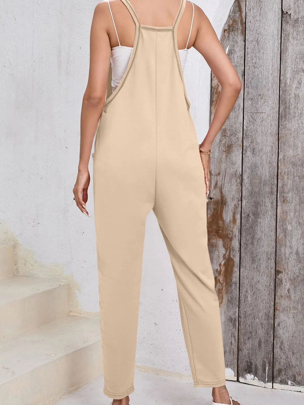 Apricot Casual Sleeveless Harem Jumpsuit with Side Pockets