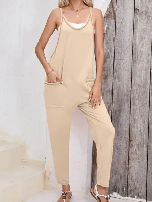 Apricot Casual Sleeveless Harem Jumpsuit with Side Pockets