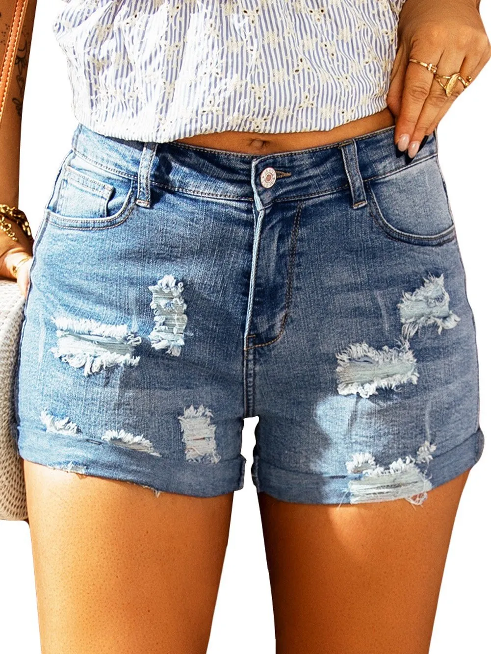 Beach Denim Shorts, Distressed, American Flag Theme