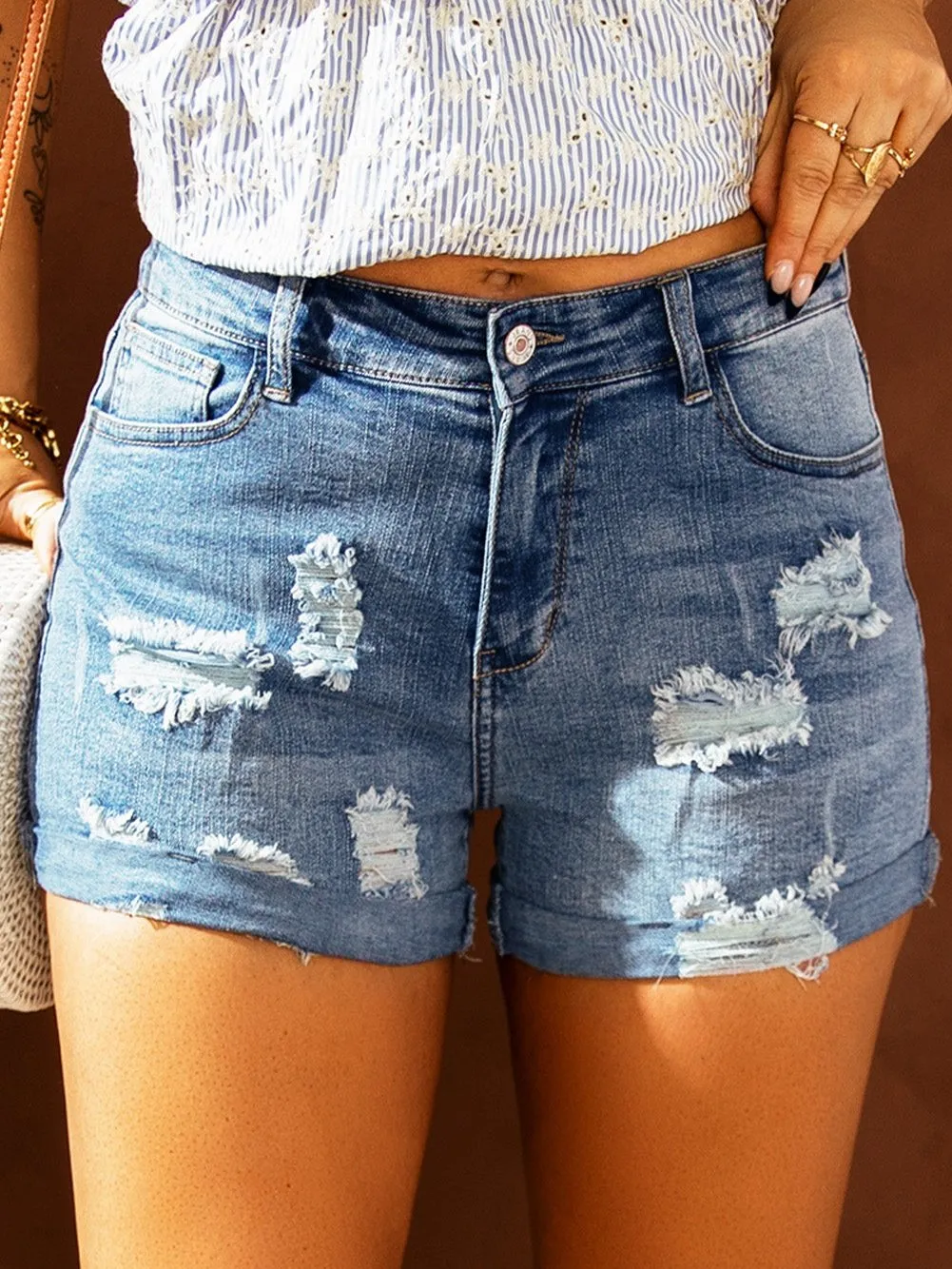 Beach Denim Shorts, Distressed, American Flag Theme