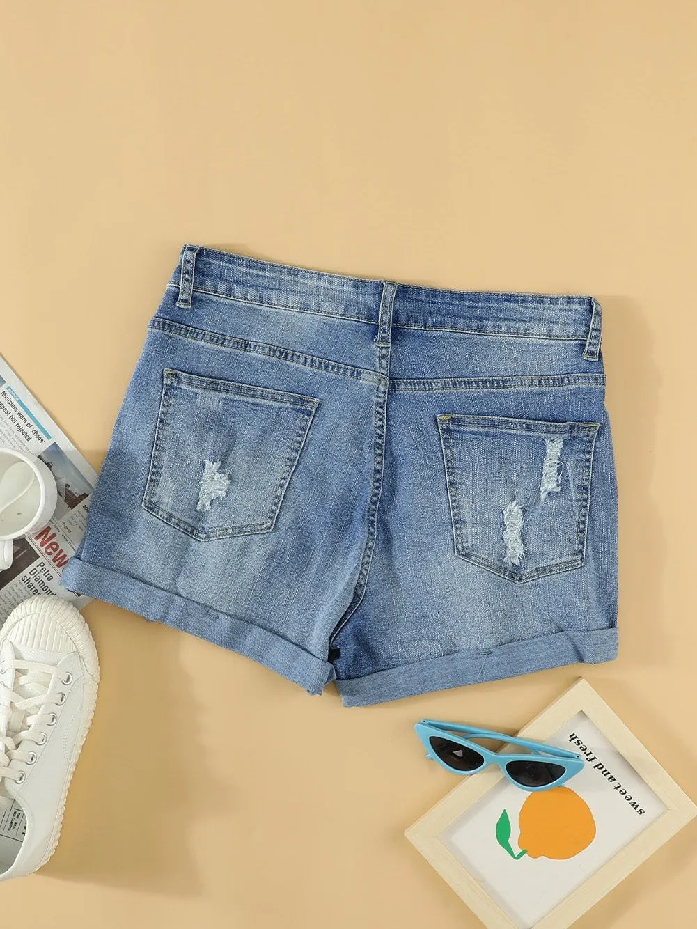 Beach Denim Shorts, Distressed, American Flag Theme