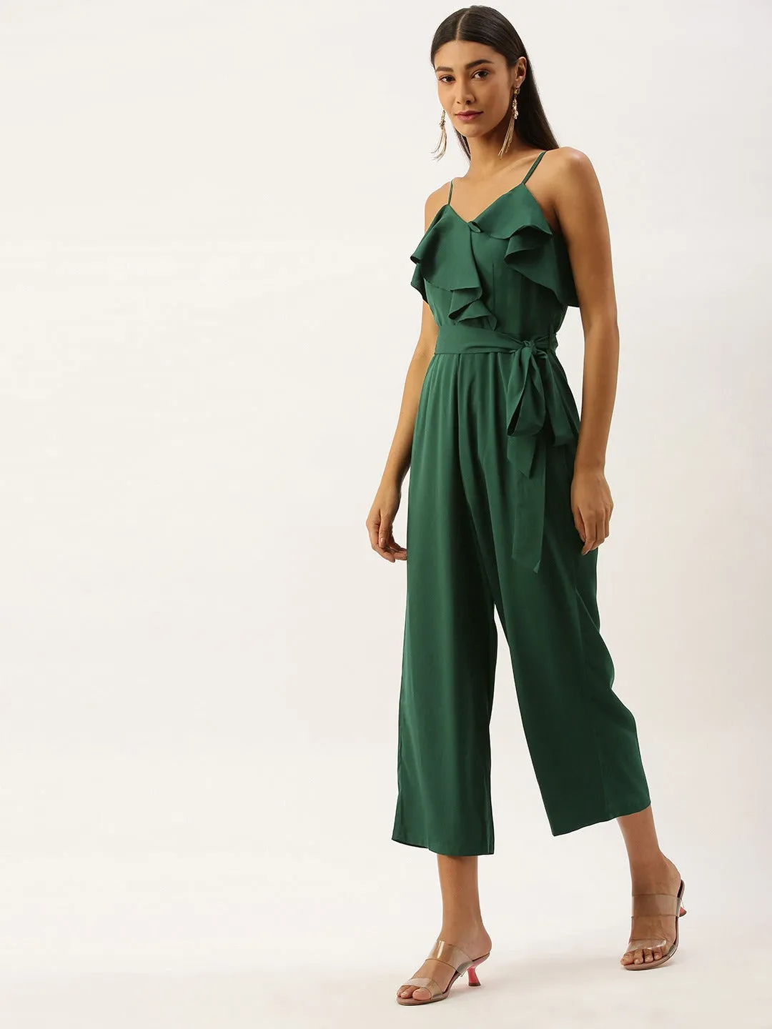 Berrylush Women Solid Green V-Neck Ruffled Jumpsuit