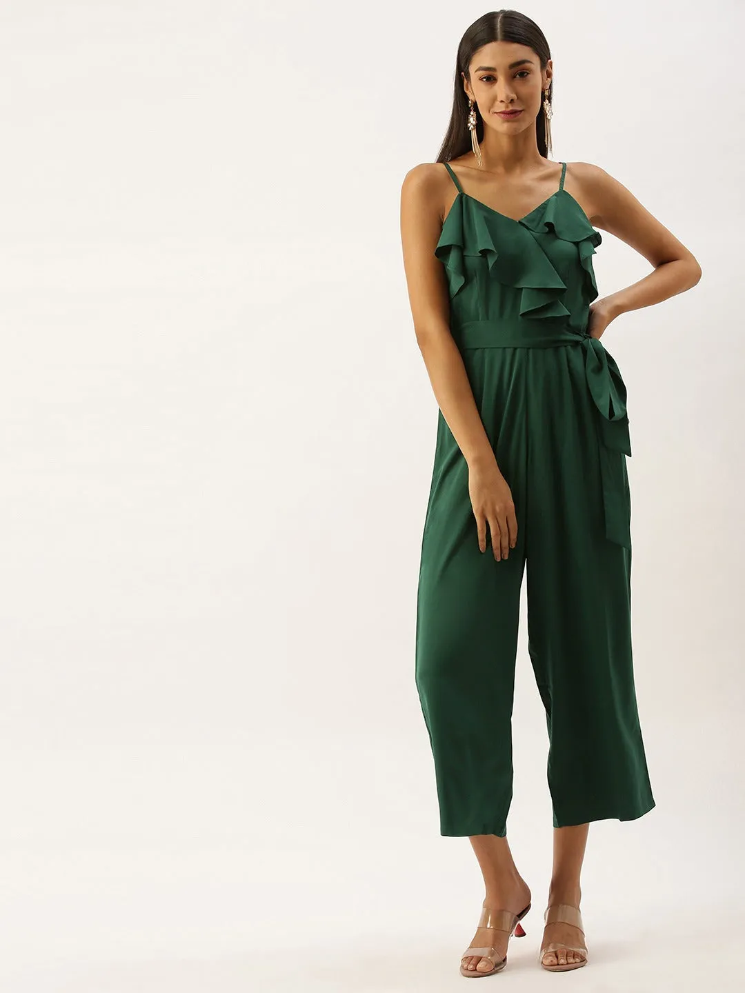 Berrylush Women Solid Green V-Neck Ruffled Jumpsuit