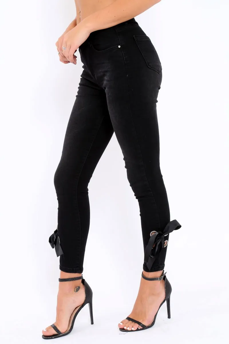 Black Side Bow Skinny Jeans - Emilia