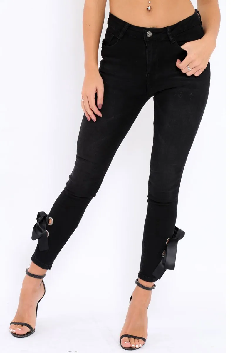 Black Side Bow Skinny Jeans - Emilia