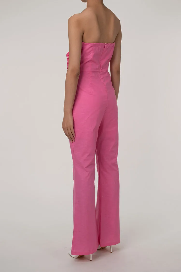 Bloom Rosette Applique Strapless High Waist Flared Linen Jumpsuit