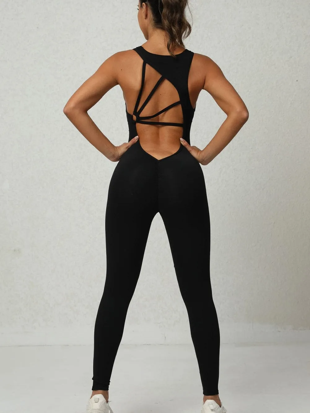 Bold Black V Neck Cut-Out Yoga Jumpsuit