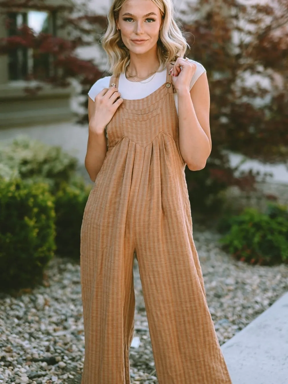 Brown Striped Wide Leg Jumpsuit with Pockets