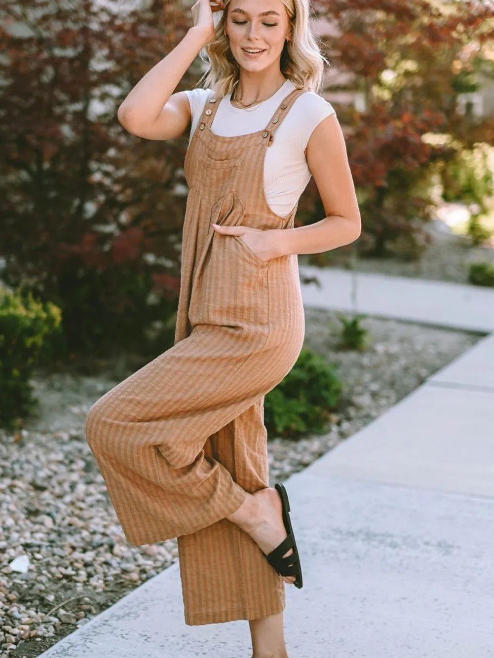 Brown Striped Wide Leg Jumpsuit with Pockets