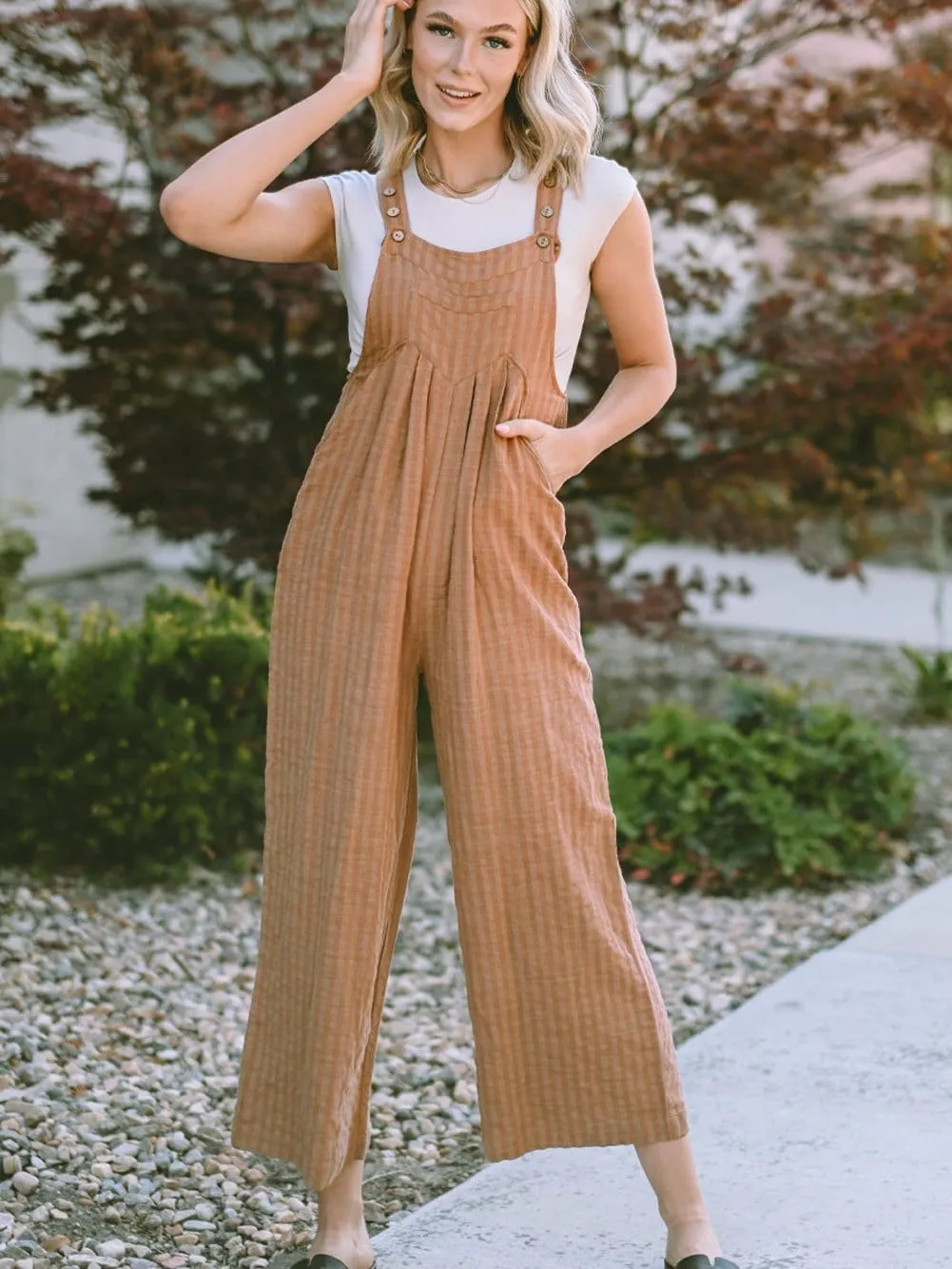 Brown Striped Wide Leg Jumpsuit with Pockets