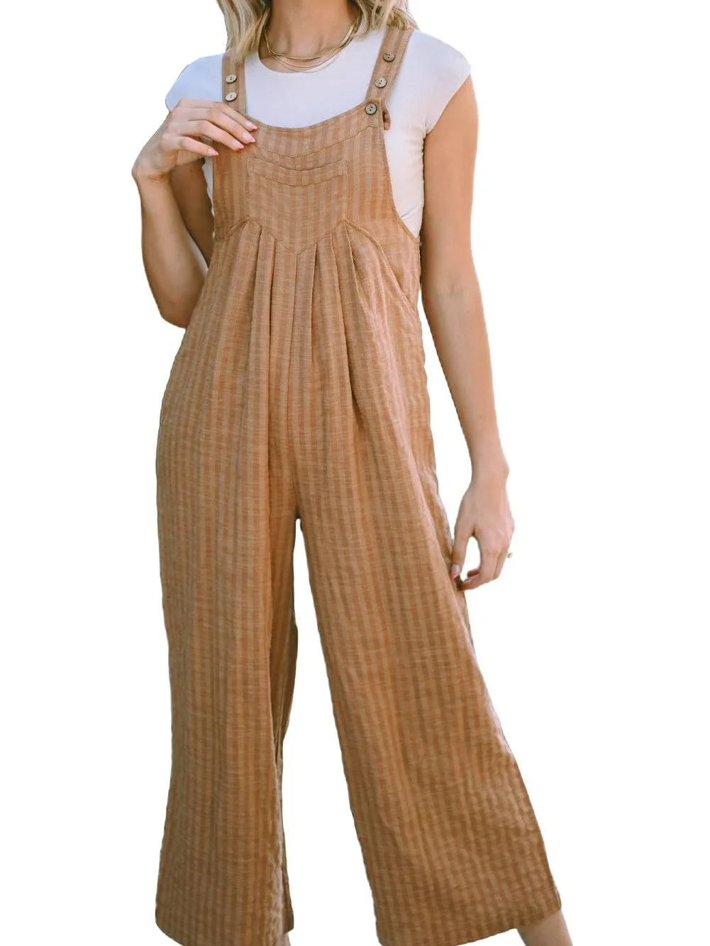 Brown Striped Wide Leg Jumpsuit with Pockets