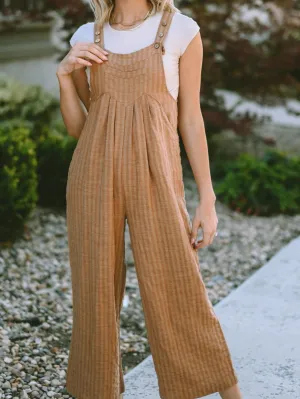 Brown Striped Wide Leg Jumpsuit with Pockets