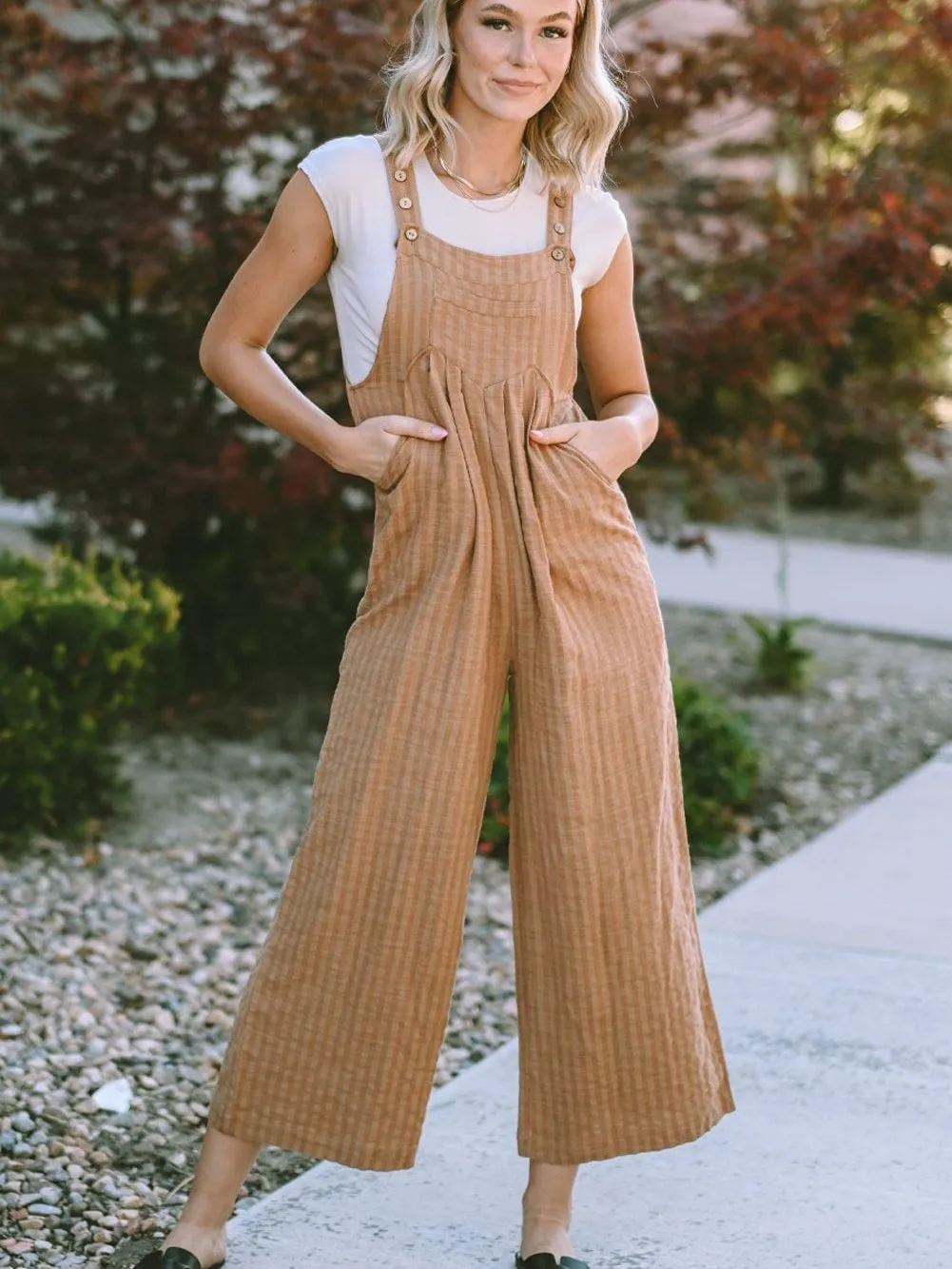 Brown Striped Wide Leg Jumpsuit with Pockets