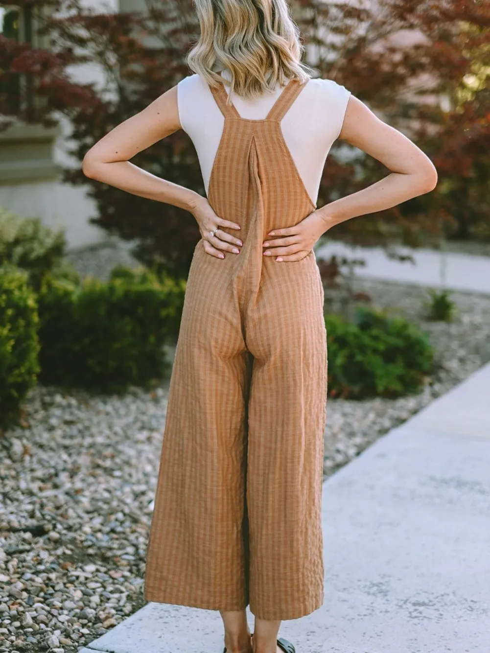 Brown Striped Wide Leg Jumpsuit with Pockets