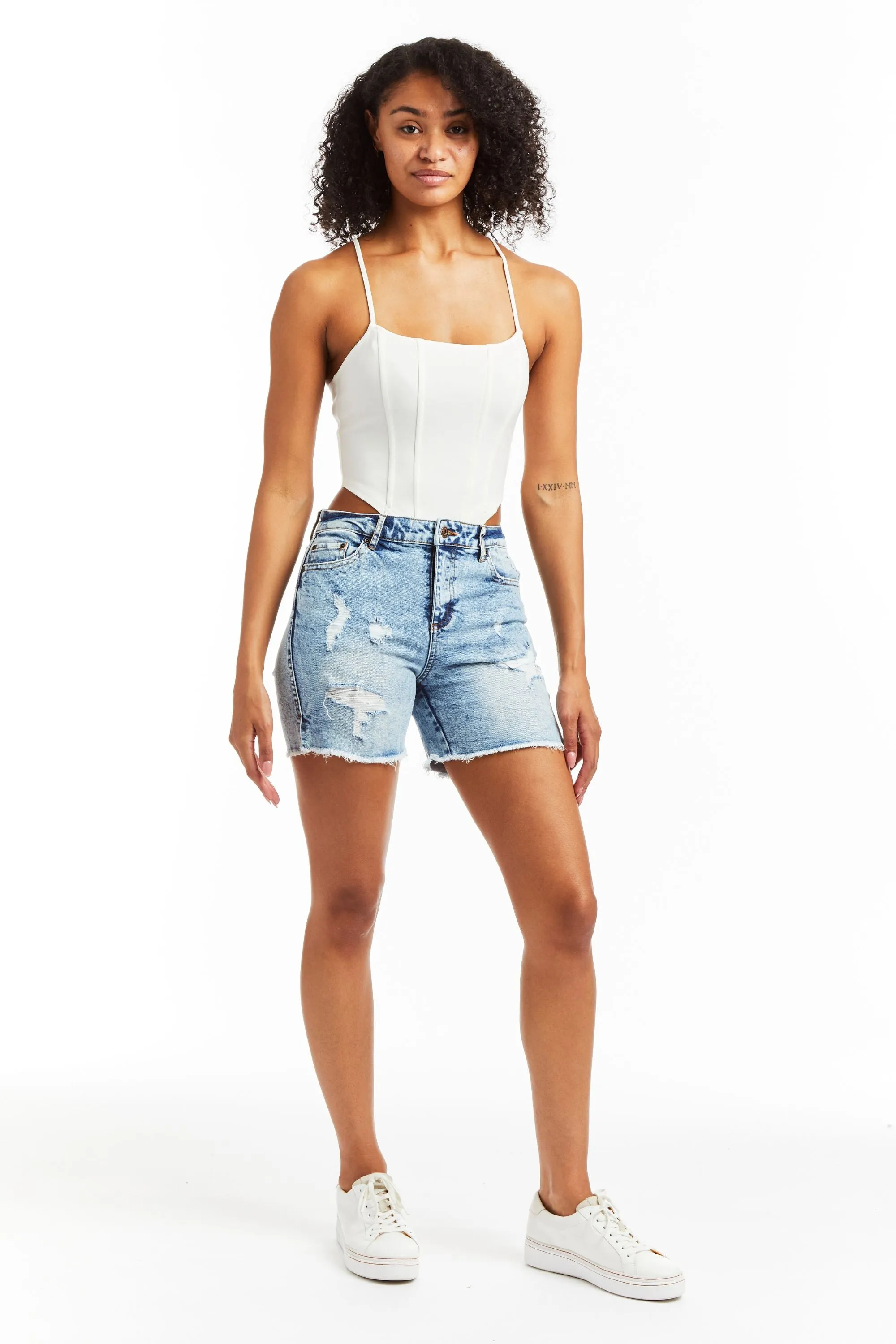 Camille Destructed Side Slit Fray Hem Shorts