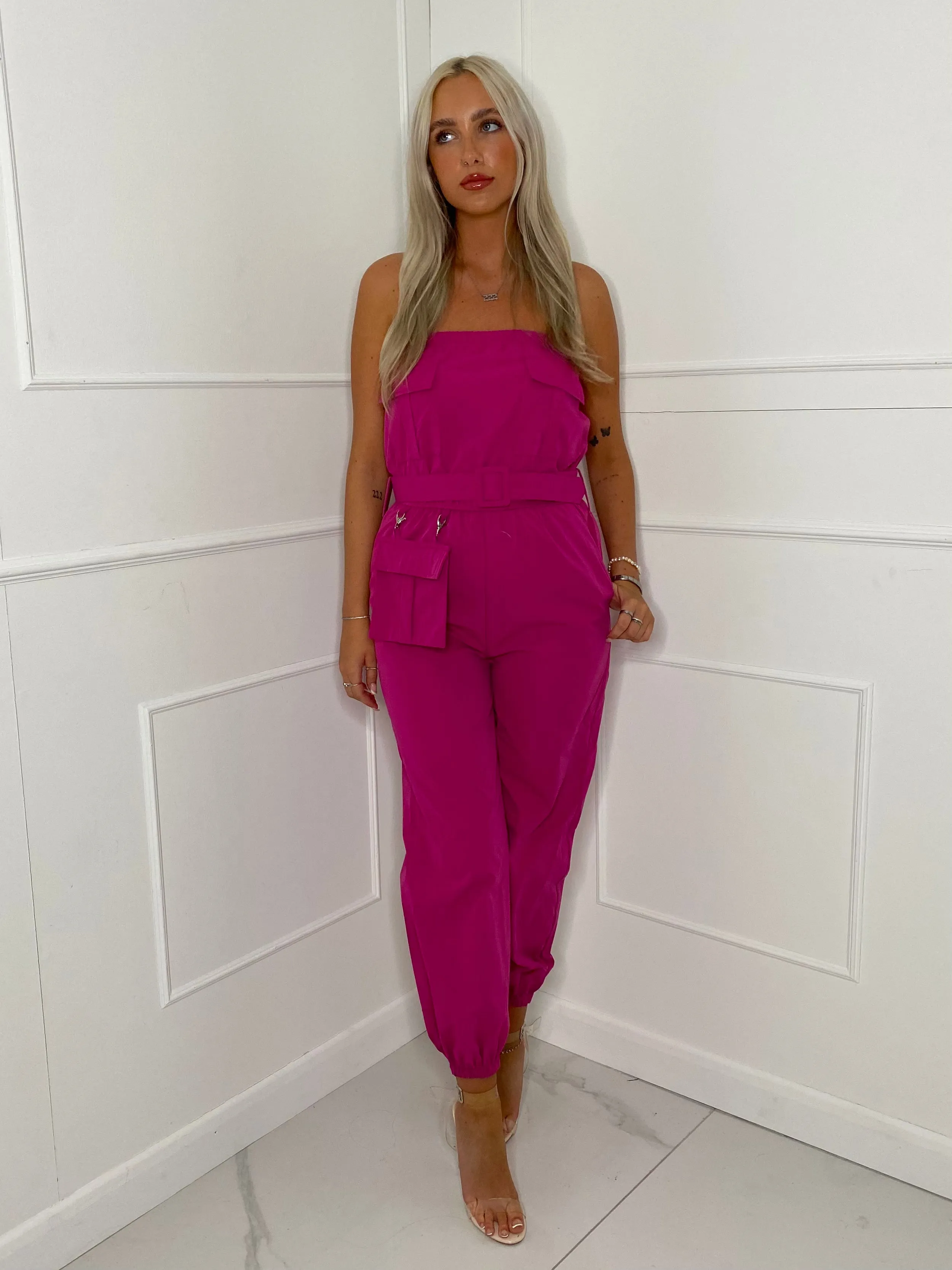 Cargo Belted Jumpsuit - Hot Pink