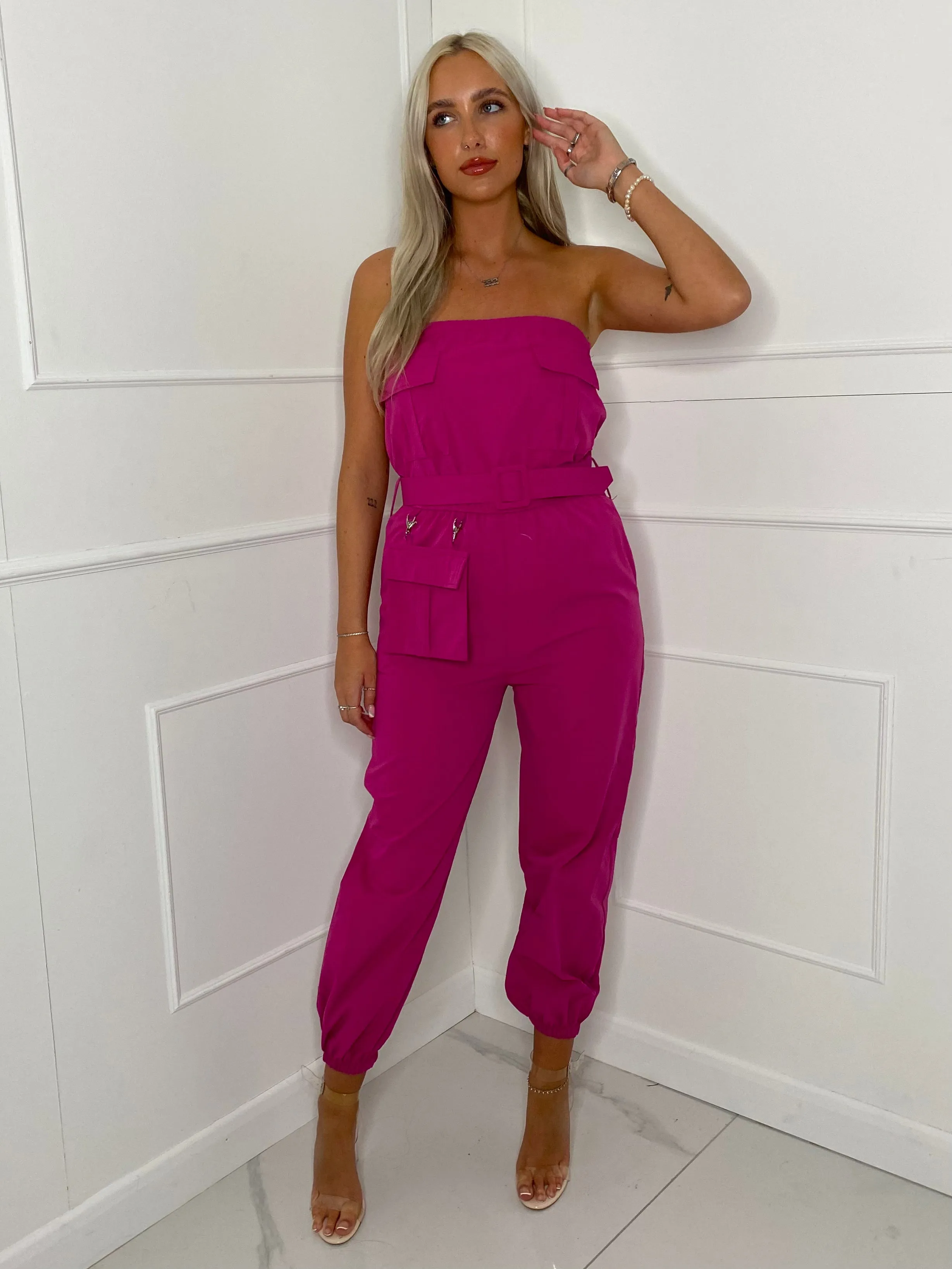 Cargo Belted Jumpsuit - Hot Pink