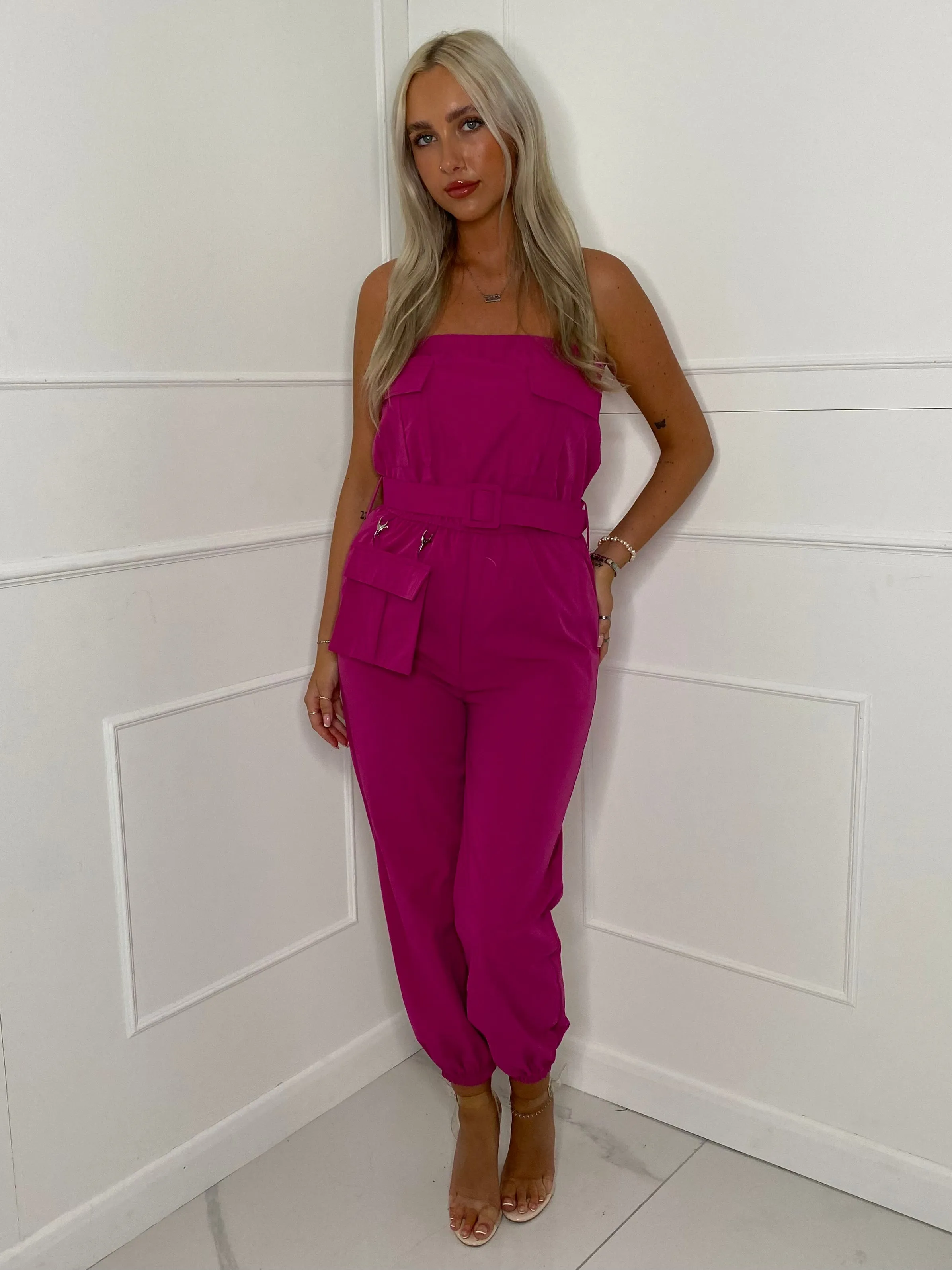 Cargo Belted Jumpsuit - Hot Pink