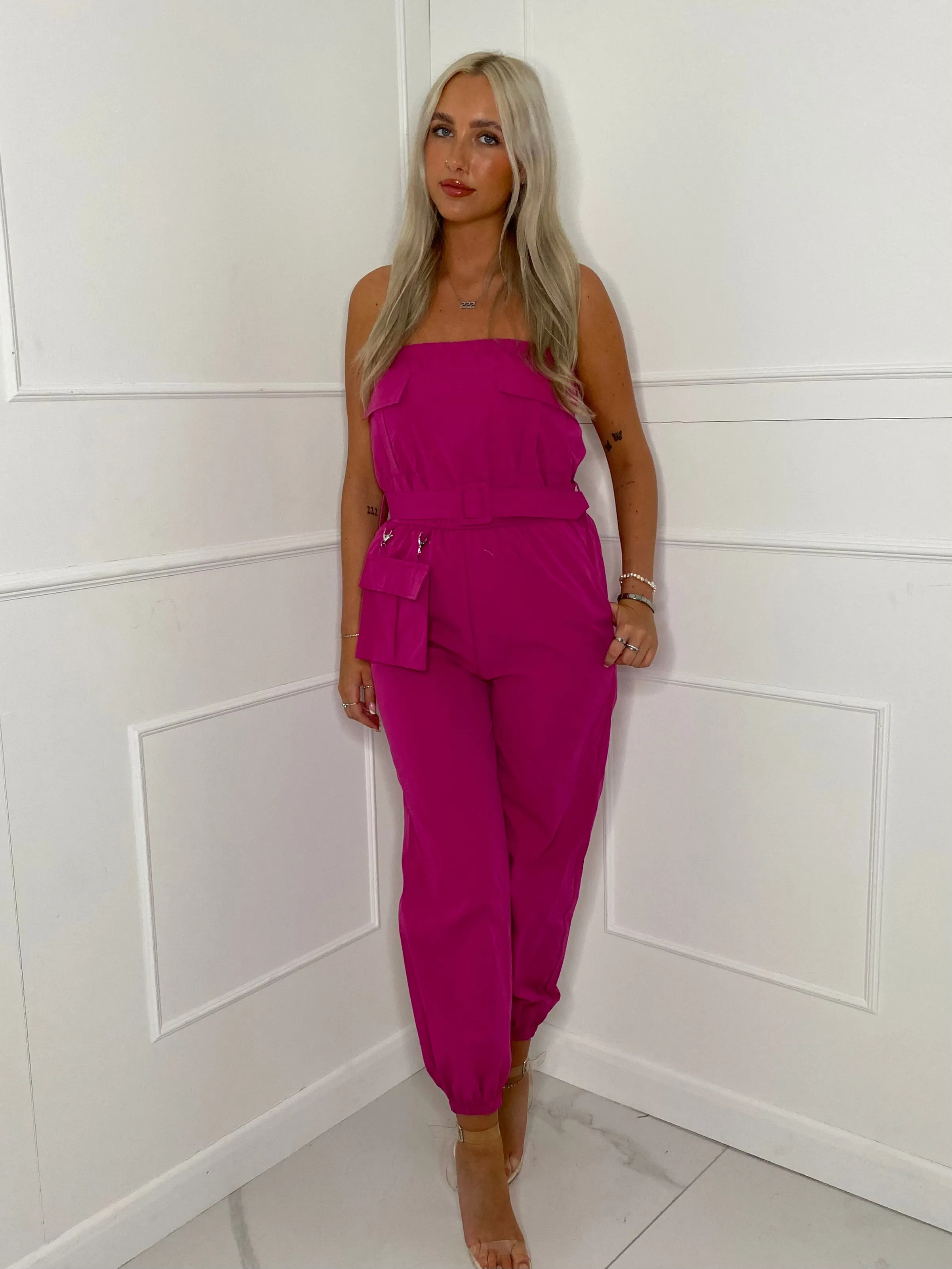 Cargo Belted Jumpsuit - Hot Pink