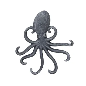 Cast Iron Octopus Decorative Wall Hook, Unique Nautical Design, Multiple Hooks , Silver (WS)