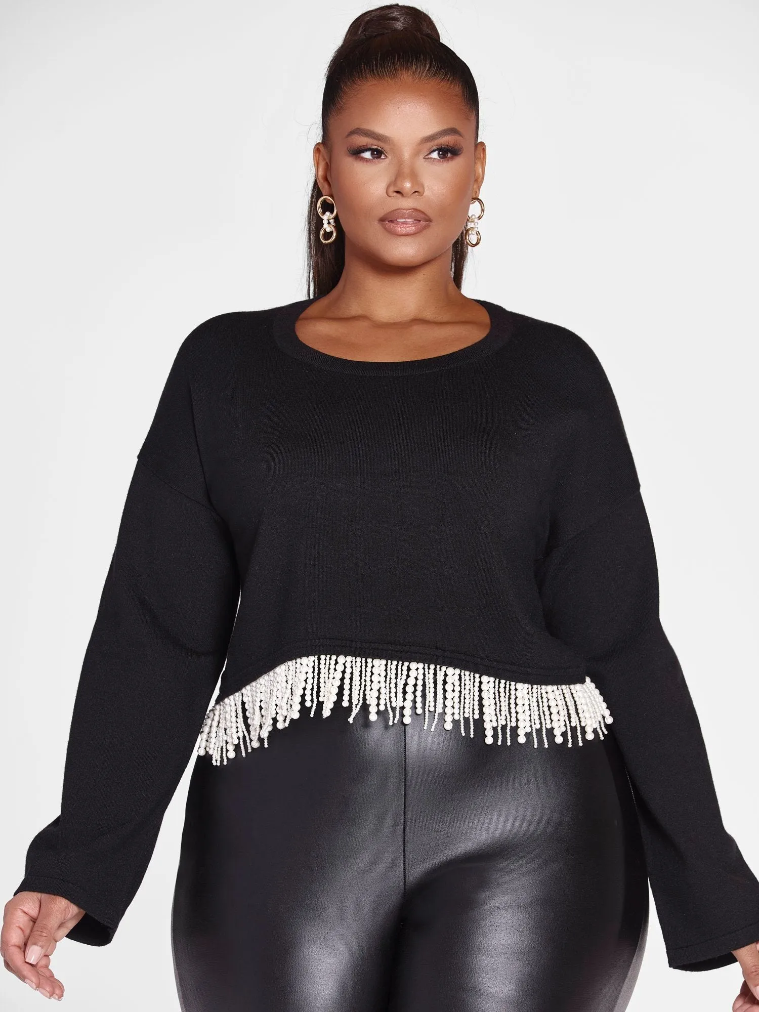 Colette Faux Pearl Fringe Hem Sweater