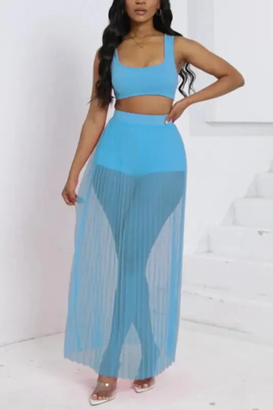 Crop Top Shorts Pleated Mesh Maxi Skirt Set (S-2XL)