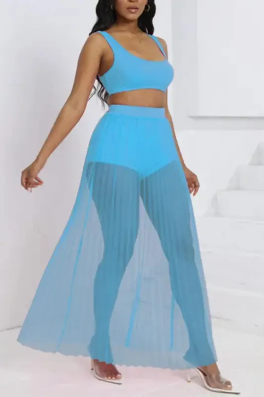 Crop Top Shorts Pleated Mesh Maxi Skirt Set (S-2XL)