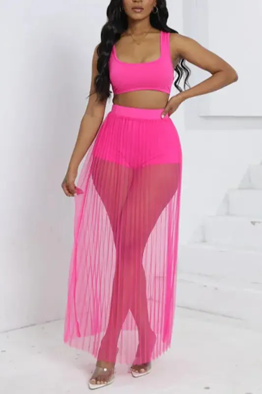 Crop Top Shorts Pleated Mesh Maxi Skirt Set (S-2XL)