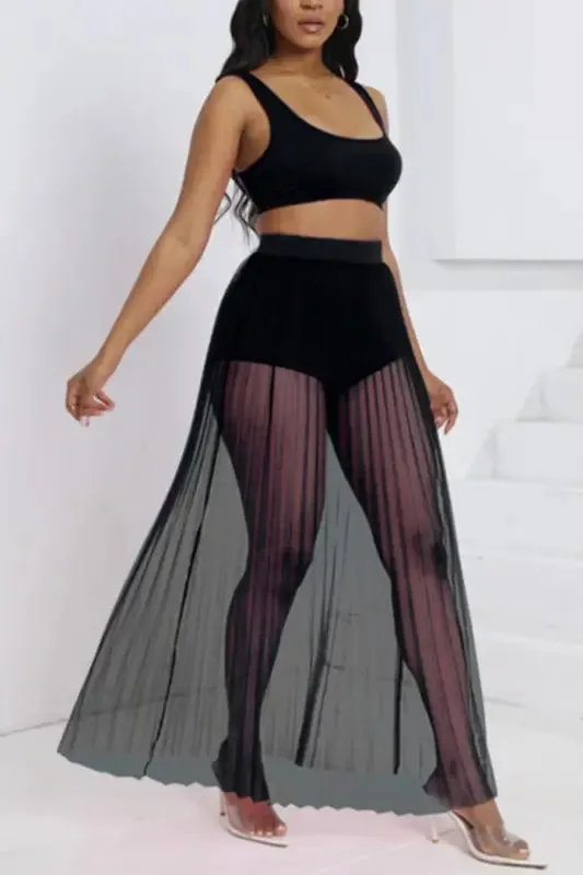 Crop Top Shorts Pleated Mesh Maxi Skirt Set (S-2XL)