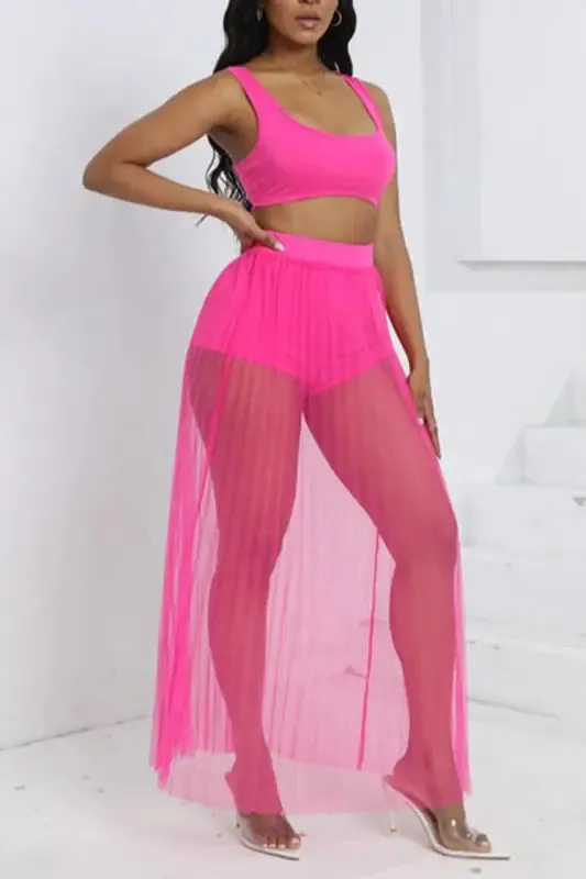 Crop Top Shorts Pleated Mesh Maxi Skirt Set (S-2XL)