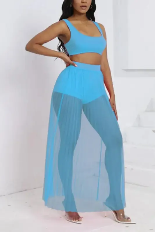 Crop Top Shorts Pleated Mesh Maxi Skirt Set (S-2XL)