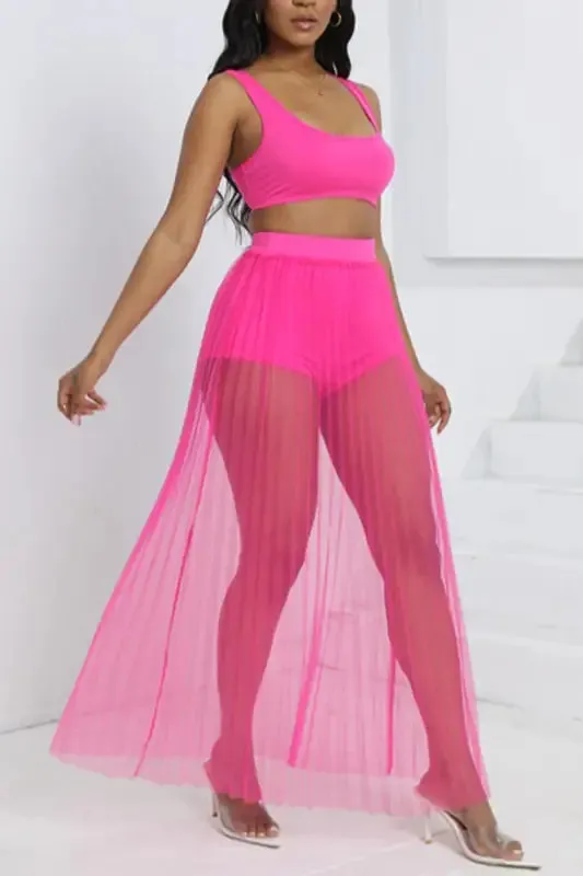 Crop Top Shorts Pleated Mesh Maxi Skirt Set (S-2XL)