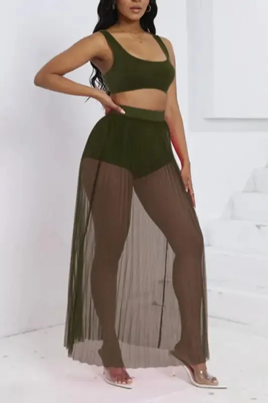 Crop Top Shorts Pleated Mesh Maxi Skirt Set (S-2XL)