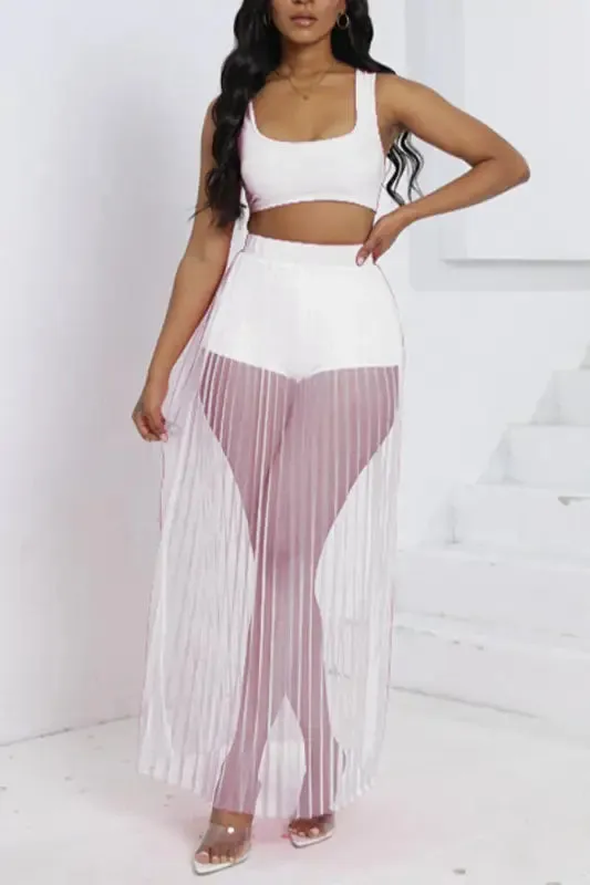 Crop Top Shorts Pleated Mesh Maxi Skirt Set (S-2XL)