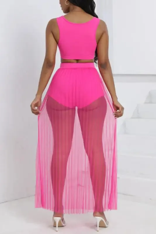 Crop Top Shorts Pleated Mesh Maxi Skirt Set (S-2XL)