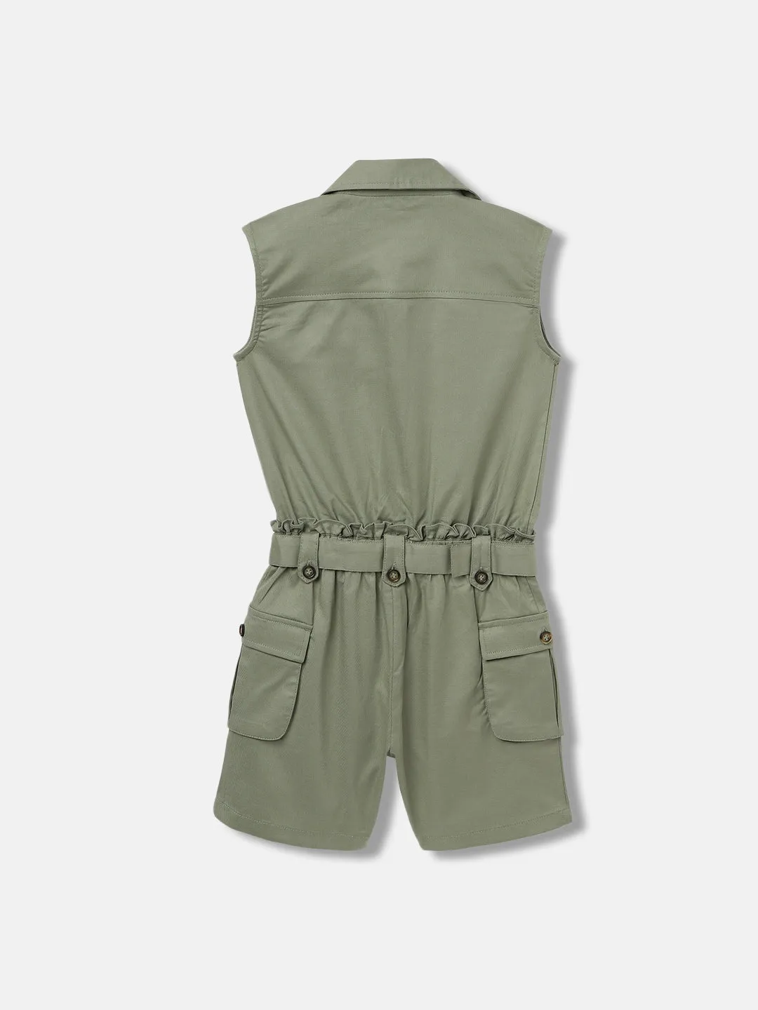 Elle Kids Girls Green Solid Shirt Collar Sleeveless Playsuit