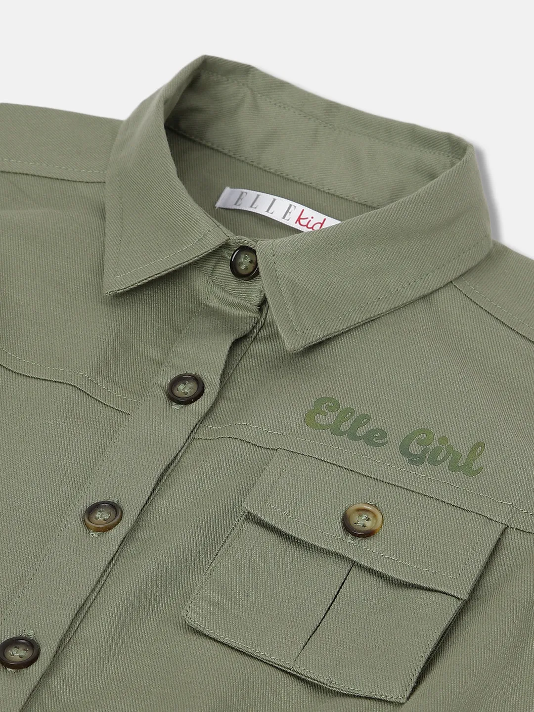 Elle Kids Girls Green Solid Shirt Collar Sleeveless Playsuit