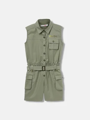 Elle Kids Girls Green Solid Shirt Collar Sleeveless Playsuit