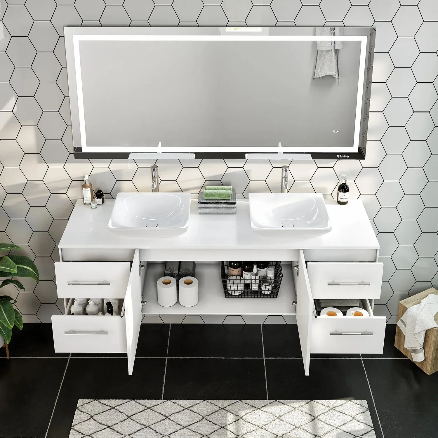 Eviva Totti Wave 72" Bathroom Vanity Wall Mount Double Sinks Vessel White Quartz Countertop New