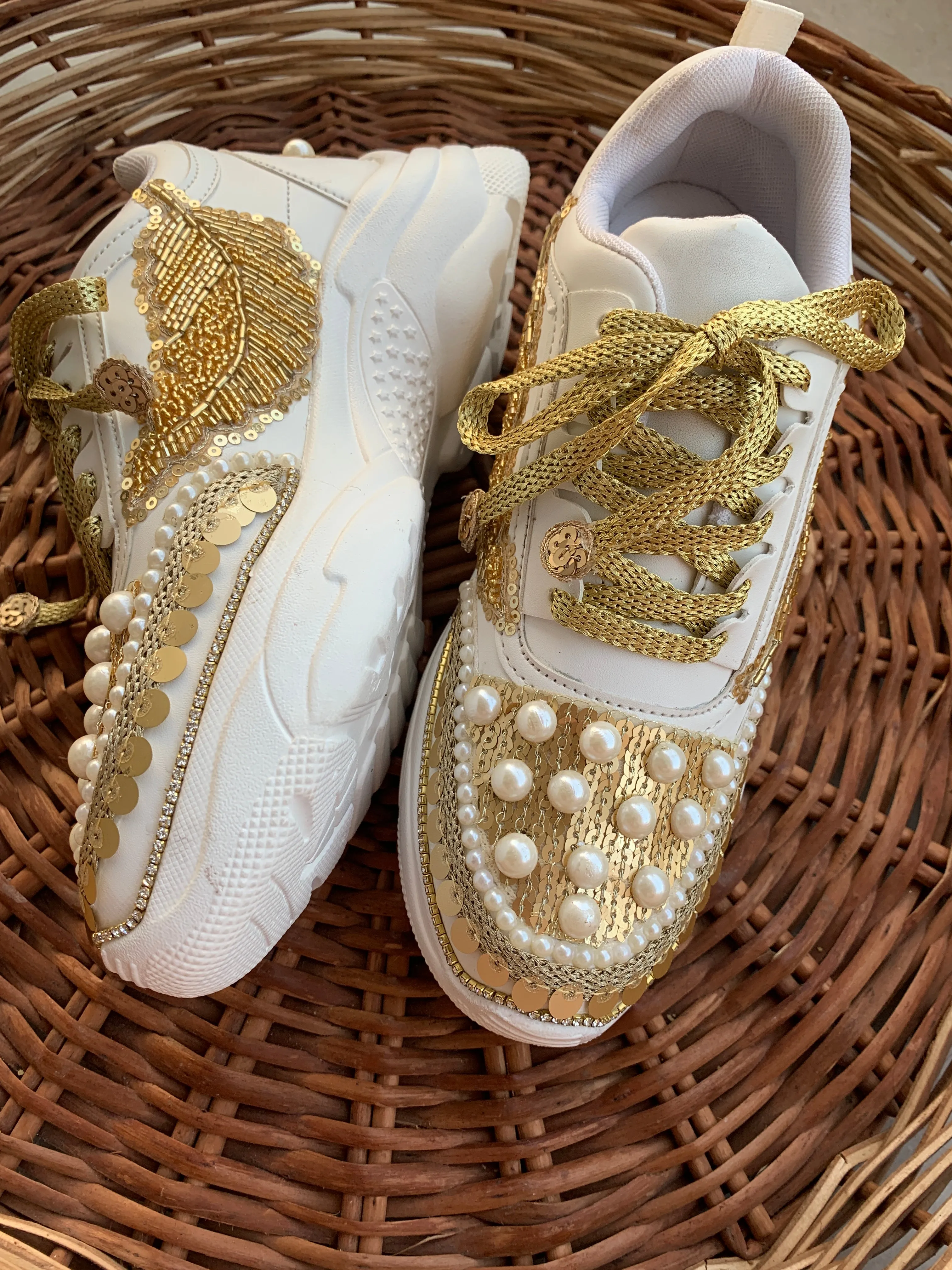 FUNKY N TRENDY gold sneakers for brides / gold sneakers for bridesmaids/ handcrafted sneakers/ golden sneakers / bridal sneakers / bridesmaid sneakers/ golden hand work sneakers