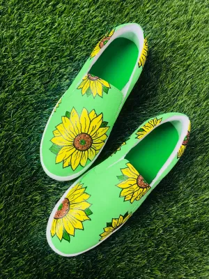 Funky N Trendy hand painted water resistant Sunflower slip on shoes/ handpainted shoes/ women shoes / funky shoes/ green shoes / funky handpainted shoes