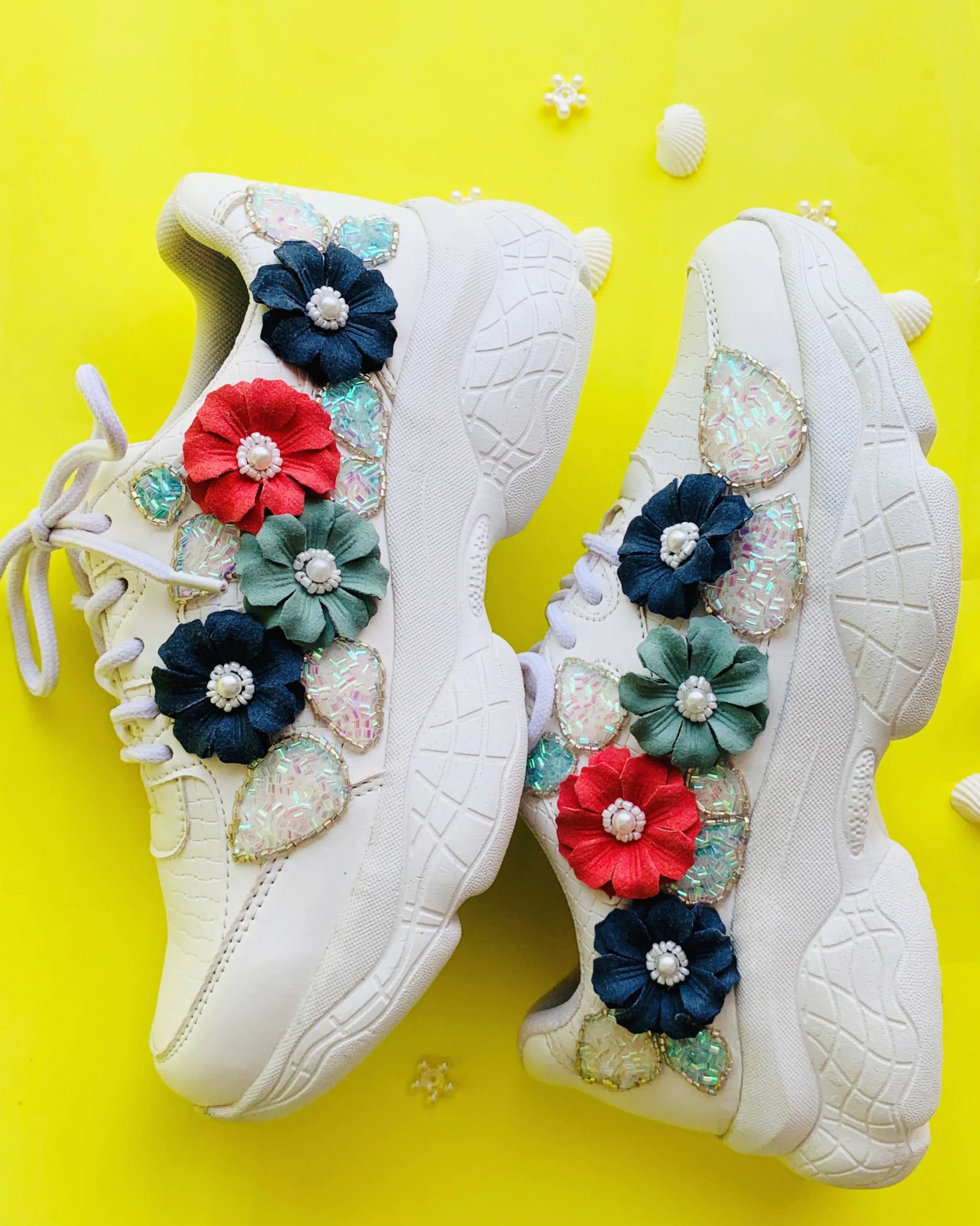 Funky N Trendy white floral work sneakers with pearl detailing / bridal sneakers/ sneaker for bride / white sneakers/ floral sneakers for bride