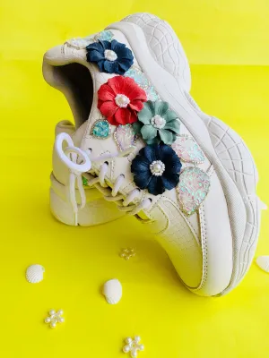 Funky N Trendy white floral work sneakers with pearl detailing / bridal sneakers/ sneaker for bride / white sneakers/ floral sneakers for bride