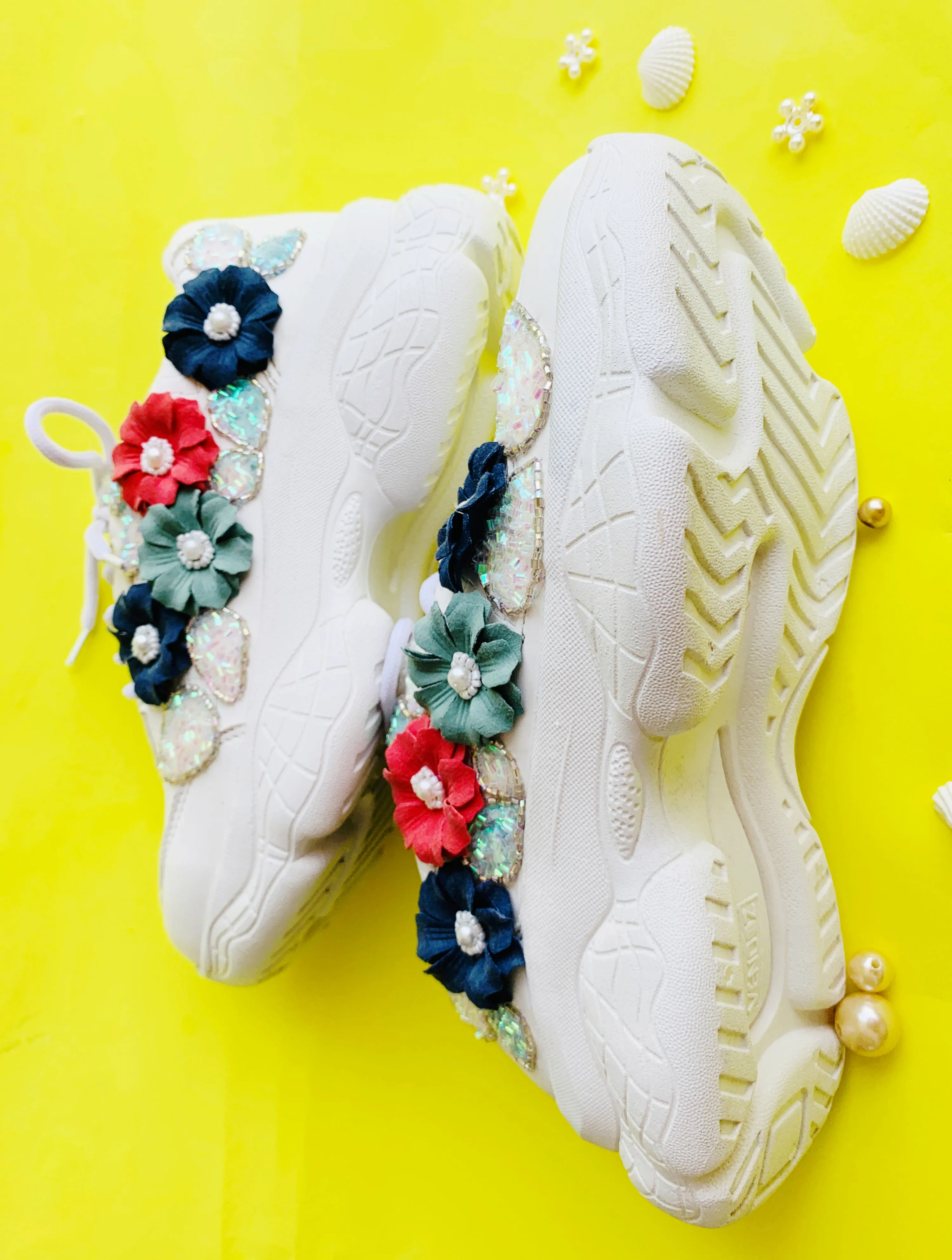 Funky N Trendy white floral work sneakers with pearl detailing / bridal sneakers/ sneaker for bride / white sneakers/ floral sneakers for bride